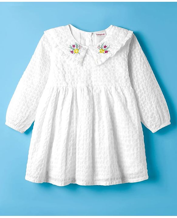 Babyhug Cotton Woven Full Sleeves Frock with Floral Embroidery - White