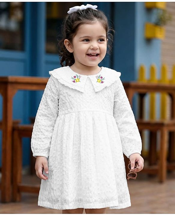 Babyhug Cotton Woven Full Sleeves Frock with Floral Embroidery - White