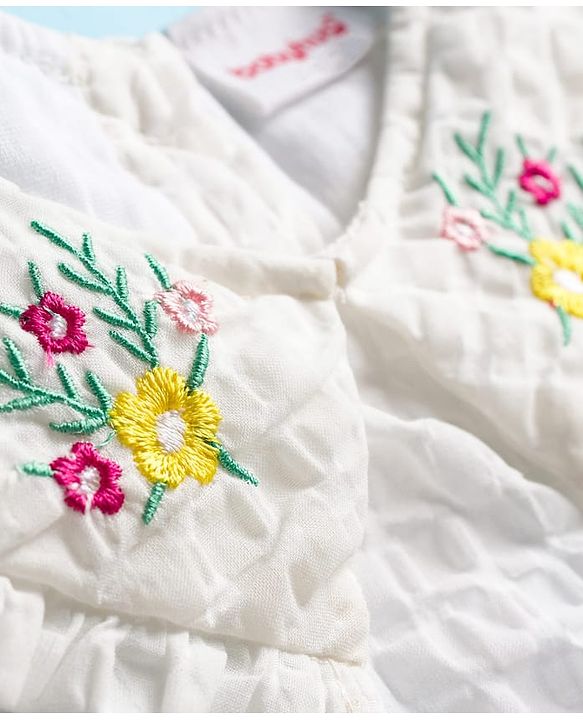 Babyhug Cotton Woven Full Sleeves Frock with Floral Embroidery - White