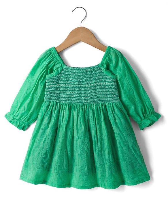 Babyhug Cotton Woven Half Raglan Sleeves Frock with Thread Detailing - Green