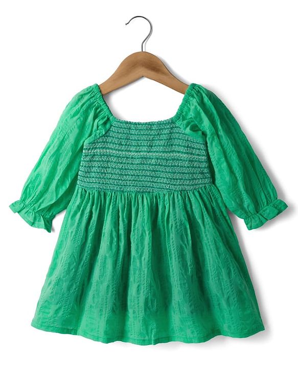 Babyhug Cotton Woven Half Raglan Sleeves Frock with Thread Detailing - Green
