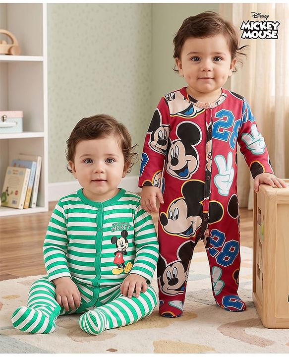 Babyhug Disney Interlock Knit Full Sleeves Footed Sleepsuit With Mickey Mouse Print Pack Of 2 - Green & Red