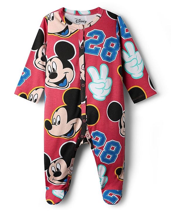 Babyhug Disney Interlock Knit Full Sleeves Footed Sleepsuit With Mickey Mouse Print Pack Of 2 - Green & Red