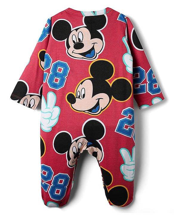 Babyhug Disney Interlock Knit Full Sleeves Footed Sleepsuit With Mickey Mouse Print Pack Of 2 - Green & Red