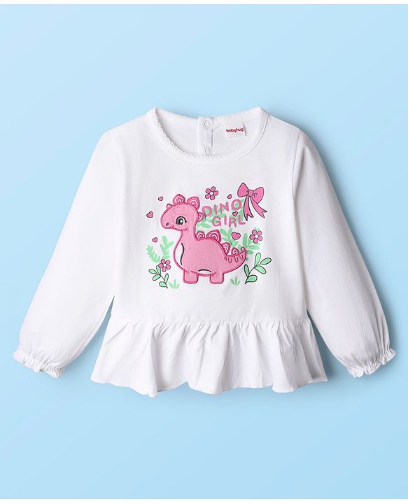 Babyhug Single Jersey Knit Full Sleeves Top and Leggings Set with Back-Snap Buttons Dino Print & Bow Applique - White & Pink