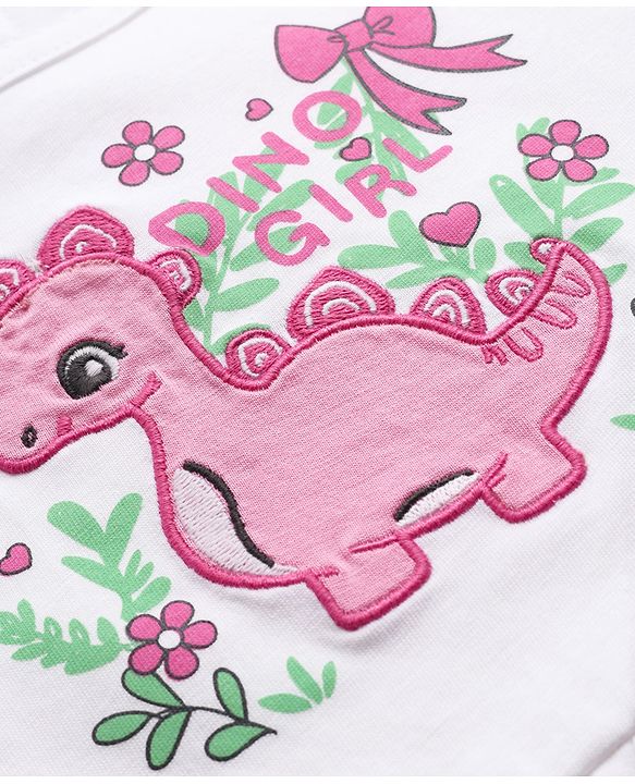 Babyhug Single Jersey Knit Full Sleeves Top and Leggings Set with Back-Snap Buttons Dino Print & Bow Applique - White & Pink
