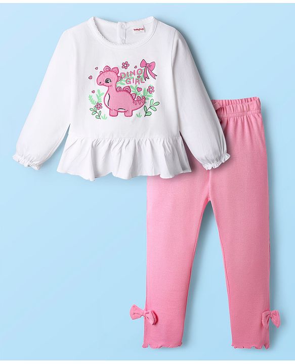 Babyhug Single Jersey Knit Full Sleeves Top and Leggings Set with Back-Snap Buttons Dino Print & Bow Applique - White & Pink