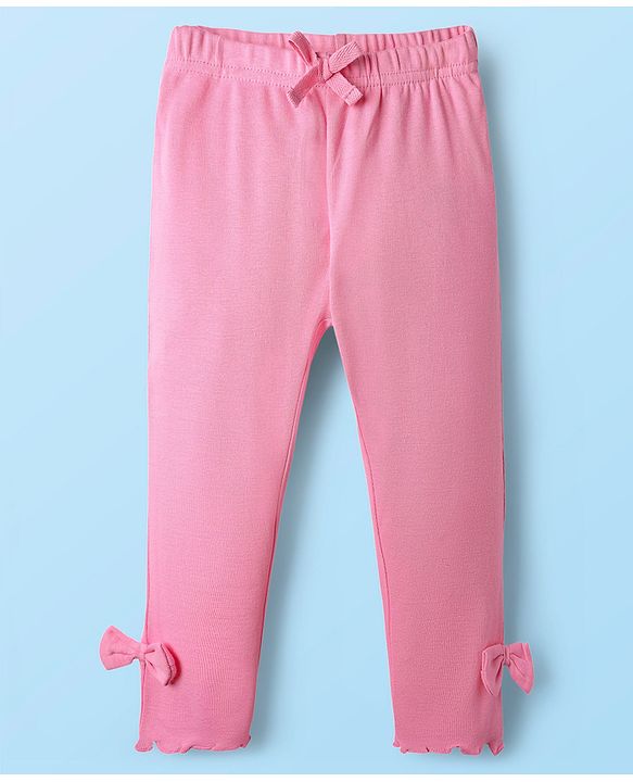 Babyhug Single Jersey Knit Full Sleeves Top and Leggings Set with Back-Snap Buttons Dino Print & Bow Applique - White & Pink