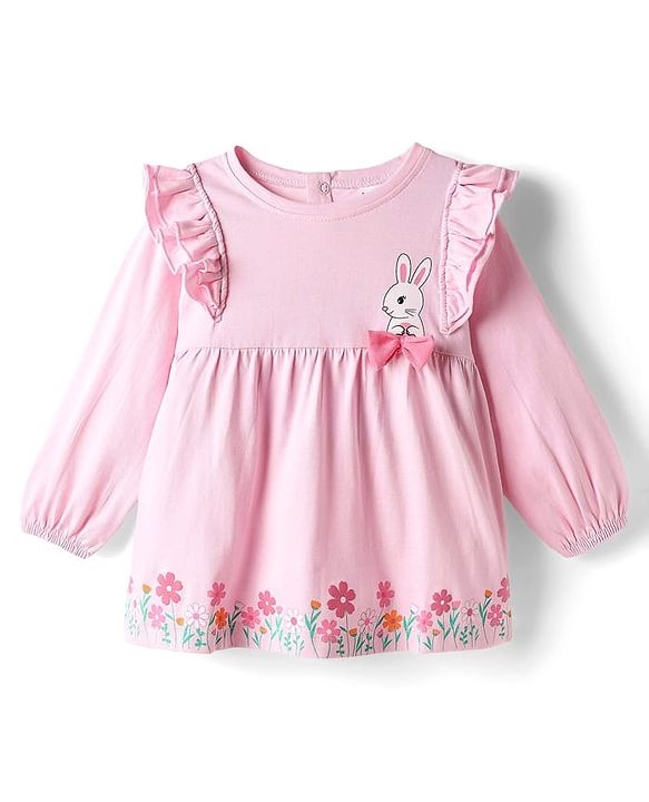 Babyhug Single Jersey Knit Full Sleeves Top and Leggings Set with Back-Snap Buttons Bunny & Floral Print Bow Applique & Frill Detailing - Pink