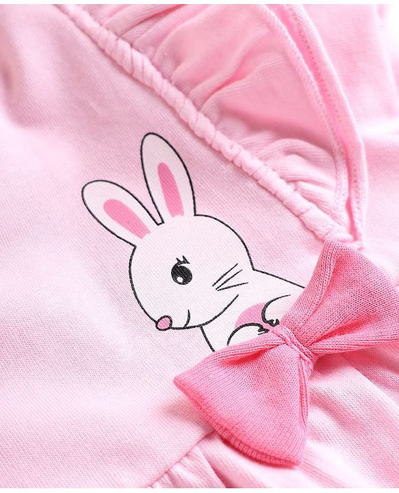 Babyhug Single Jersey Knit Full Sleeves Top and Leggings Set with Back-Snap Buttons Bunny & Floral Print Bow Applique & Frill Detailing - Pink