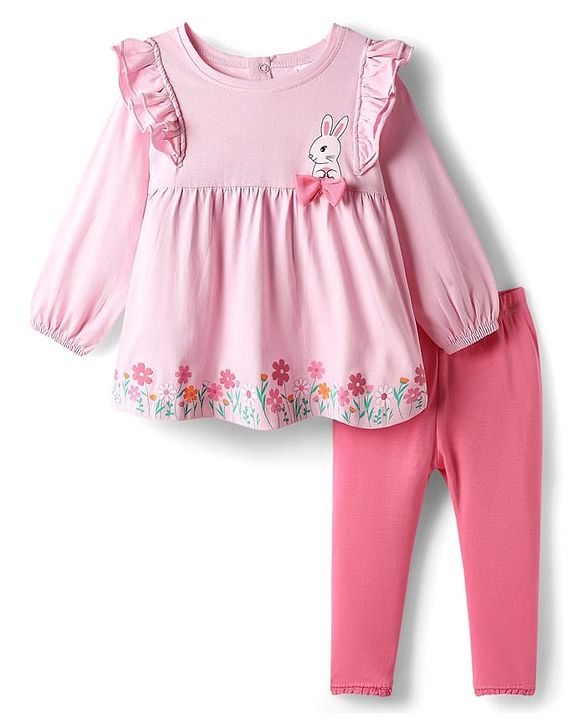 Babyhug Single Jersey Knit Full Sleeves Top and Leggings Set with Back-Snap Buttons Bunny & Floral Print Bow Applique & Frill Detailing - Pink