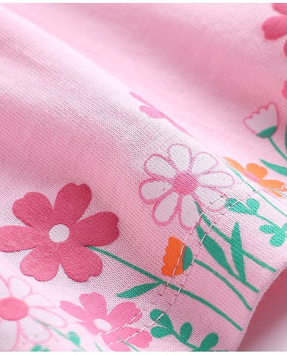 Babyhug Single Jersey Knit Full Sleeves Top and Leggings Set with Back-Snap Buttons Bunny & Floral Print Bow Applique & Frill Detailing - Pink