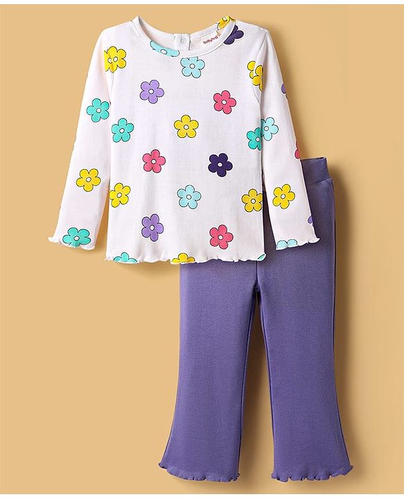 Babyhug 100% Cotton Single Jersey Knit Full Sleeves Top and Trouser Set with Back-Snap Buttons & Floral Print - White & Purple