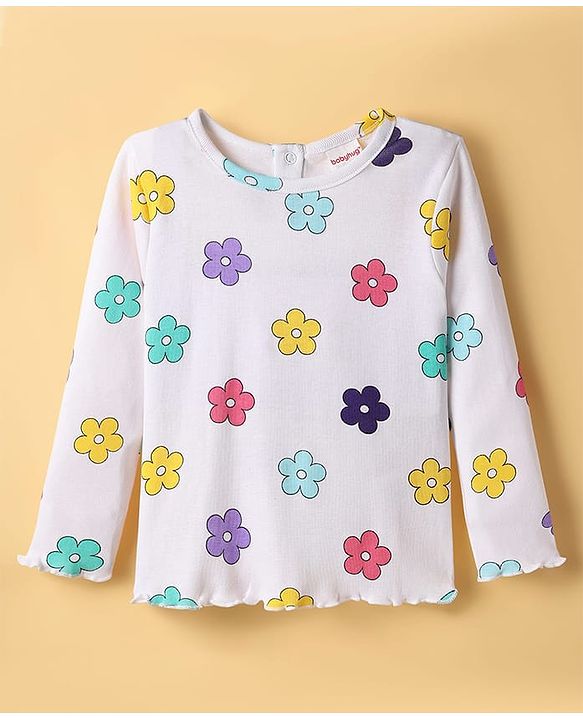 Babyhug 100% Cotton Single Jersey Knit Full Sleeves Top and Trouser Set with Back-Snap Buttons & Floral Print - White & Purple
