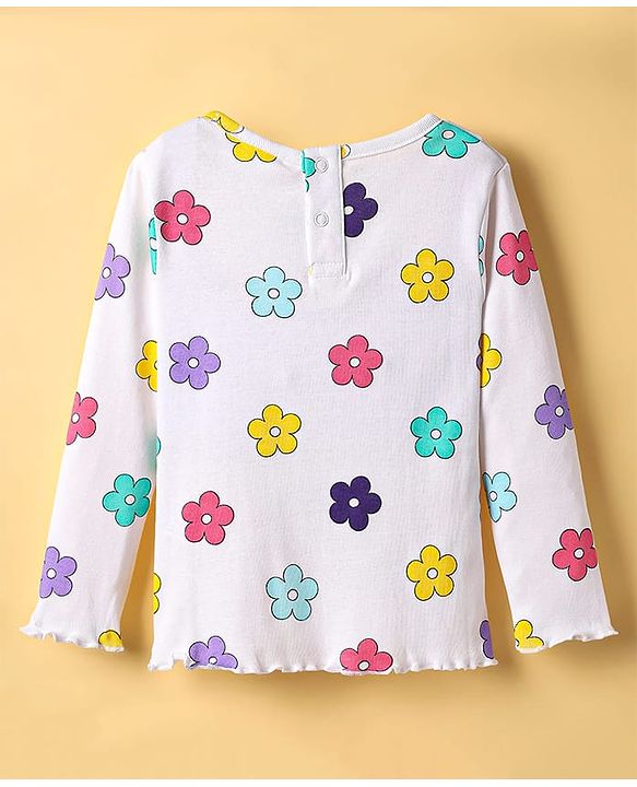 Babyhug 100% Cotton Single Jersey Knit Full Sleeves Top and Trouser Set with Back-Snap Buttons & Floral Print - White & Purple