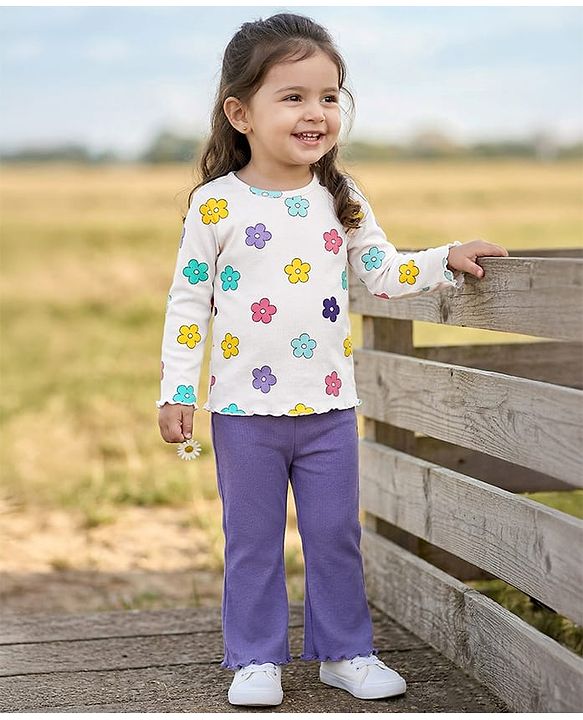 Babyhug 100% Cotton Single Jersey Knit Full Sleeves Top and Trouser Set with Back-Snap Buttons & Floral Print - White & Purple