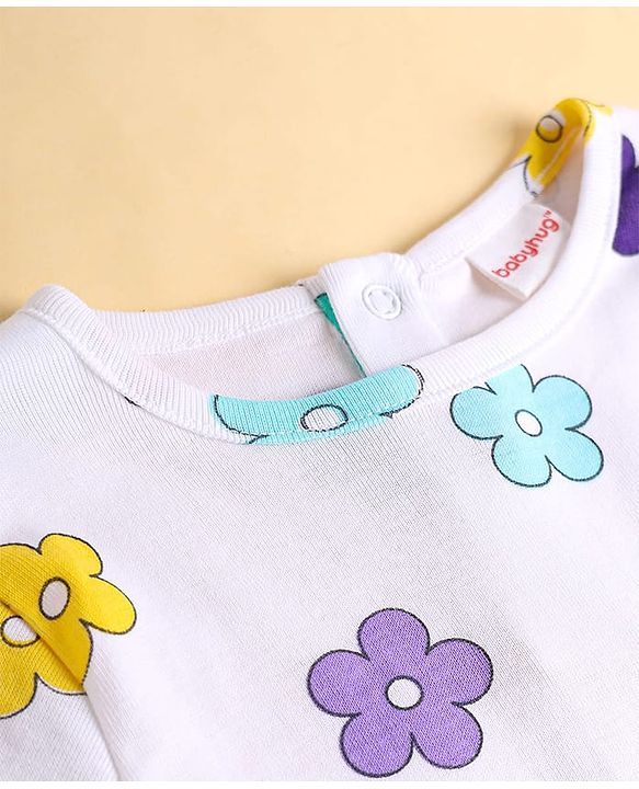 Babyhug 100% Cotton Single Jersey Knit Full Sleeves Top and Trouser Set with Back-Snap Buttons & Floral Print - White & Purple