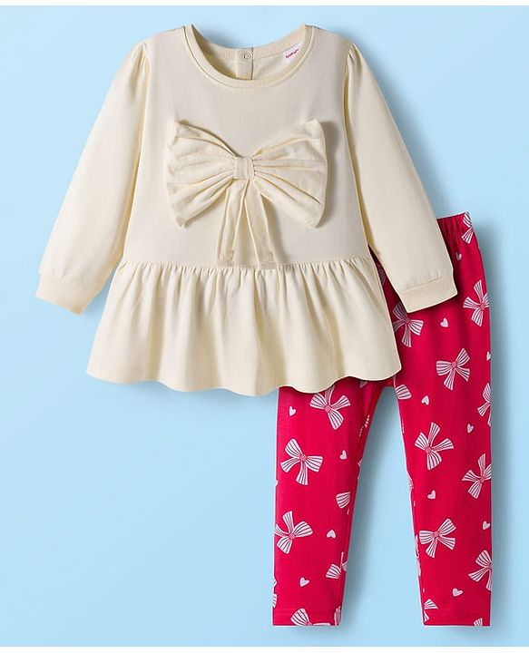 Babyhug 100% Cotton Single Jersey Knit Full Sleeves Top and Leggings Set with Bow Print & Applique - Offwhite & Red