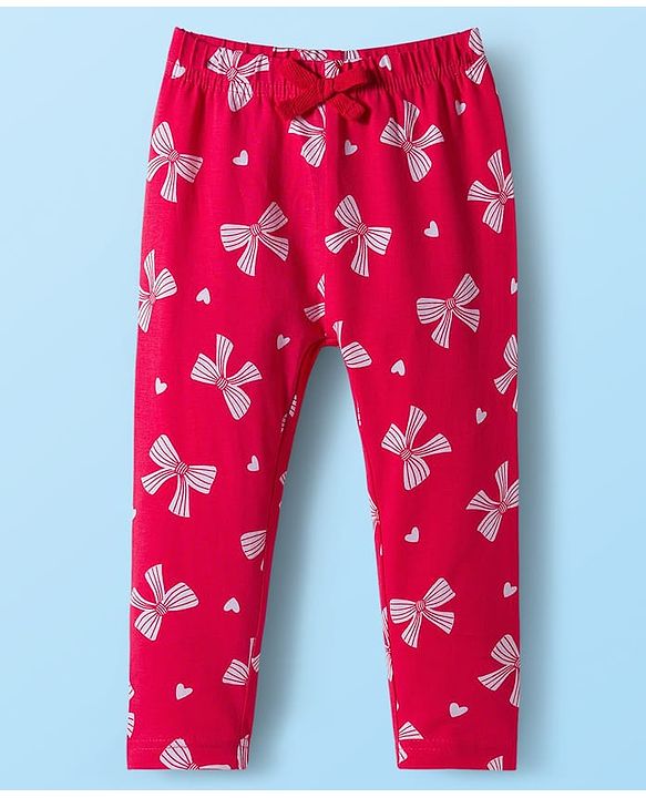 Babyhug 100% Cotton Single Jersey Knit Full Sleeves Top and Leggings Set with Bow Print & Applique - Offwhite & Red