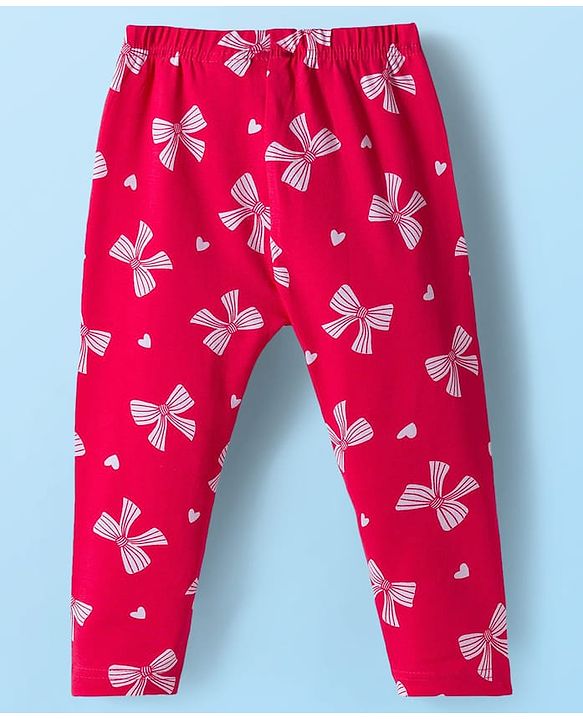 Babyhug 100% Cotton Single Jersey Knit Full Sleeves Top and Leggings Set with Bow Print & Applique - Offwhite & Red