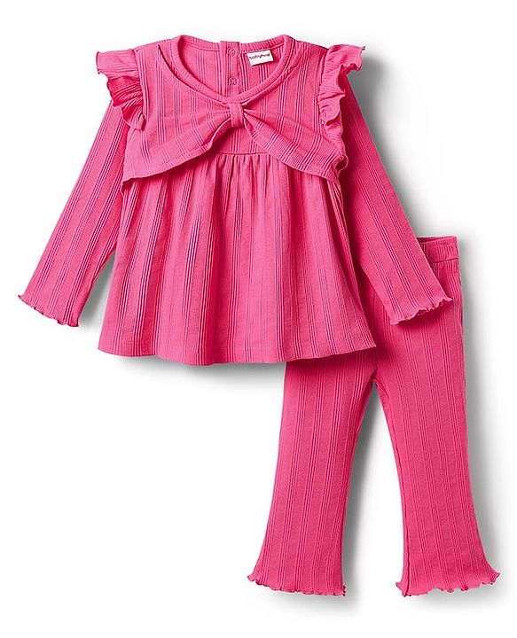Babyhug 100% Cotton Rib Knit Full Sleeves Solid Top & Leggings Co-Ord Set - Pink