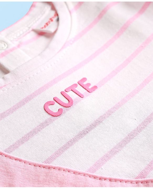 Babyhug Single Jersey Knit Full Sleeves Top & Pant Set With Attached Sequinned Pouch Stripes & Heart Print - Pink