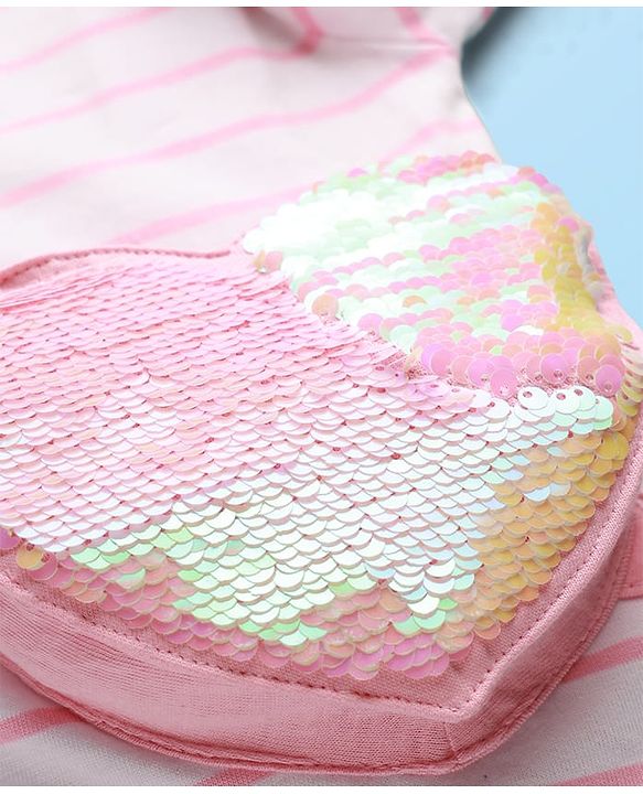 Babyhug Single Jersey Knit Full Sleeves Top & Pant Set With Attached Sequinned Pouch Stripes & Heart Print - Pink
