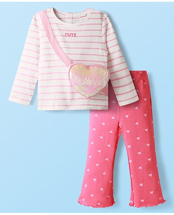 Babyhug Single Jersey Knit Full Sleeves Top & Pant Set With Attached Sequinned Pouch Stripes & Heart Print - Pink
