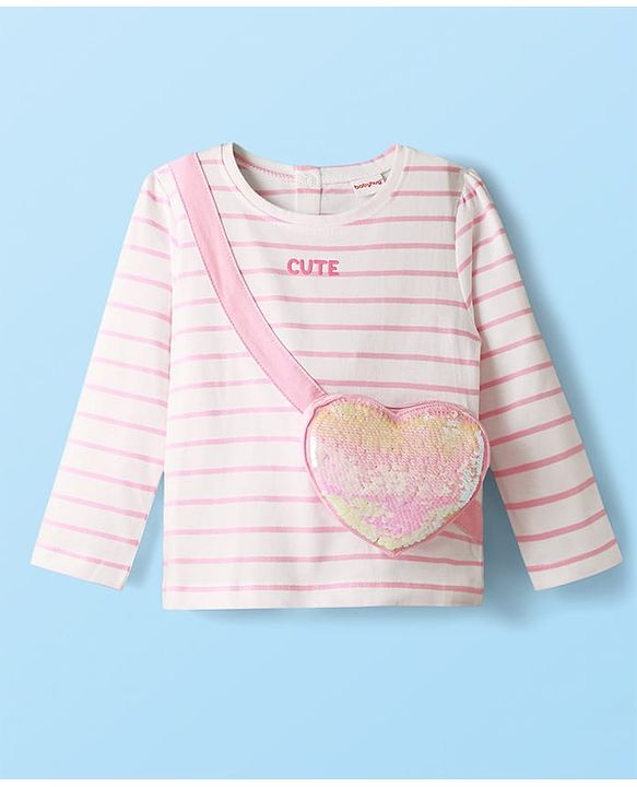 Babyhug Single Jersey Knit Full Sleeves Top & Pant Set With Attached Sequinned Pouch Stripes & Heart Print - Pink