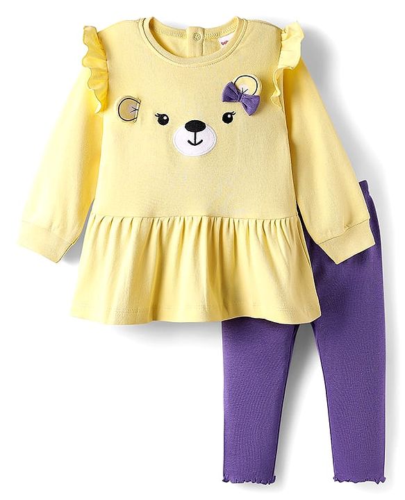Babyhug Single Jersey Knit Full Sleeves Top and Leggings Set with Back-Snap Buttons & Bear Print - Yellow & Purple