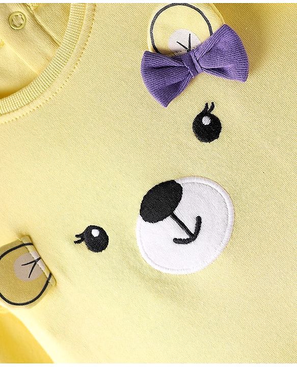 Babyhug Single Jersey Knit Full Sleeves Top and Leggings Set with Back-Snap Buttons & Bear Print - Yellow & Purple