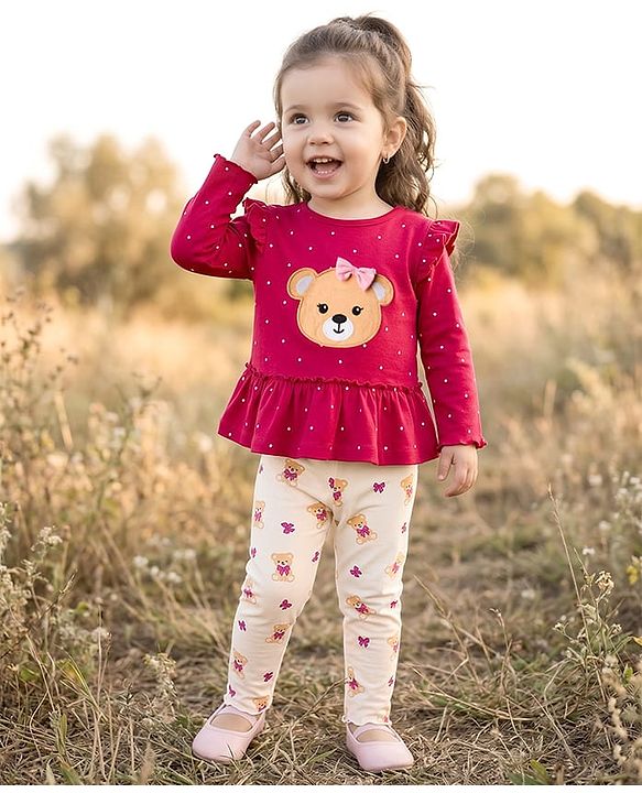 Babyhug 100% Cotton Single Jersey Knit Full Sleeves Top & Leggings Set With Teddy Print Patch & Frill Detailing - Dark Pink & Beige