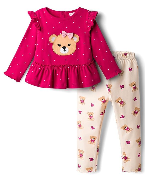 Babyhug 100% Cotton Single Jersey Knit Full Sleeves Top & Leggings Set With Teddy Print Patch & Frill Detailing - Dark Pink & Beige