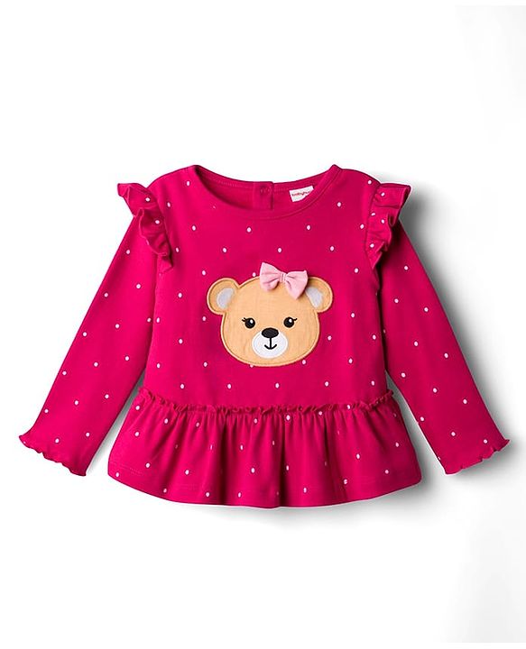 Babyhug 100% Cotton Single Jersey Knit Full Sleeves Top & Leggings Set With Teddy Print Patch & Frill Detailing - Dark Pink & Beige