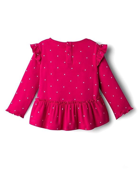 Babyhug 100% Cotton Single Jersey Knit Full Sleeves Top & Leggings Set With Teddy Print Patch & Frill Detailing - Dark Pink & Beige