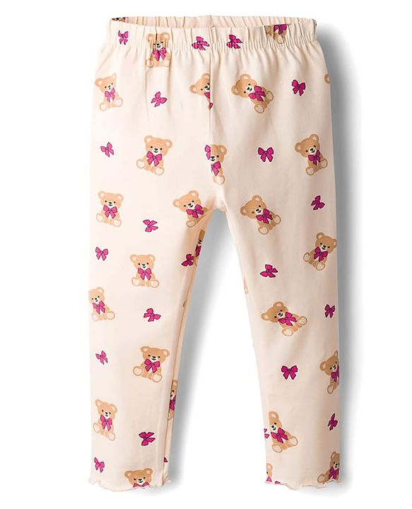 Babyhug 100% Cotton Single Jersey Knit Full Sleeves Top & Leggings Set With Teddy Print Patch & Frill Detailing - Dark Pink & Beige