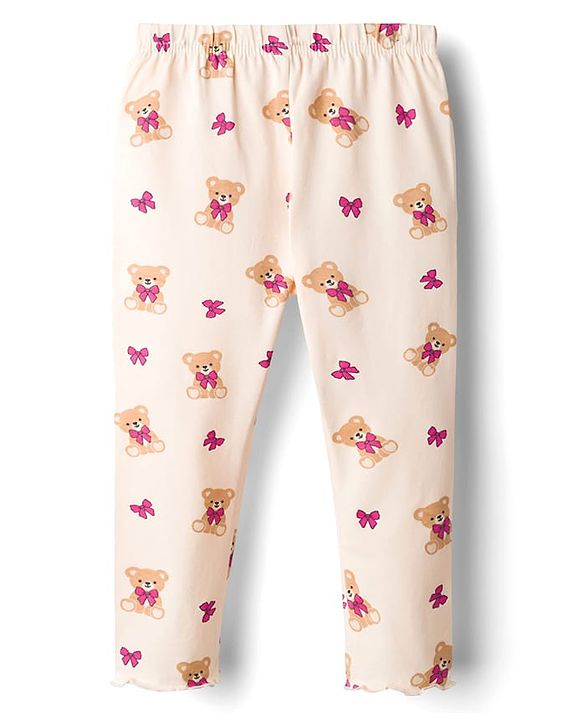 Babyhug 100% Cotton Single Jersey Knit Full Sleeves Top & Leggings Set With Teddy Print Patch & Frill Detailing - Dark Pink & Beige