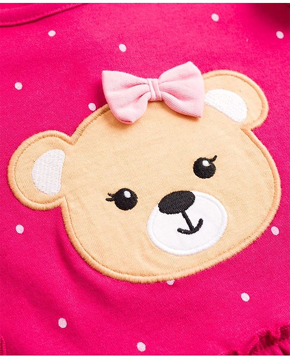 Babyhug 100% Cotton Single Jersey Knit Full Sleeves Top & Leggings Set With Teddy Print Patch & Frill Detailing - Dark Pink & Beige