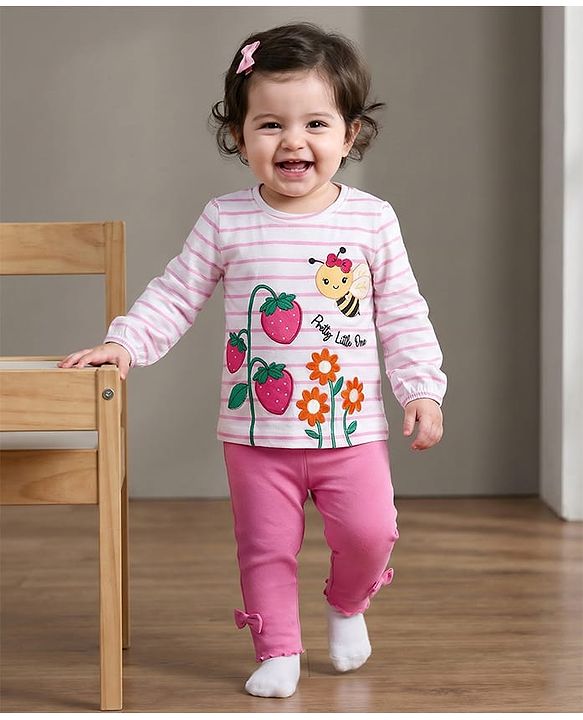 Babyhug Single Jersey Knit Full Sleeves Top and Leggings Set with Stripes & Floral Print - Pink