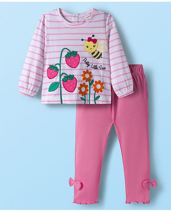 Babyhug Single Jersey Knit Full Sleeves Top and Leggings Set with Stripes & Floral Print - Pink