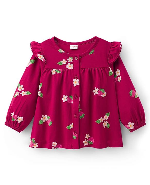 Babyhug Single Jersey Knit Full Sleeves Top and Leggings Set with Front-Buttons Floral Print & Frill Detailing - Maroon & Pink