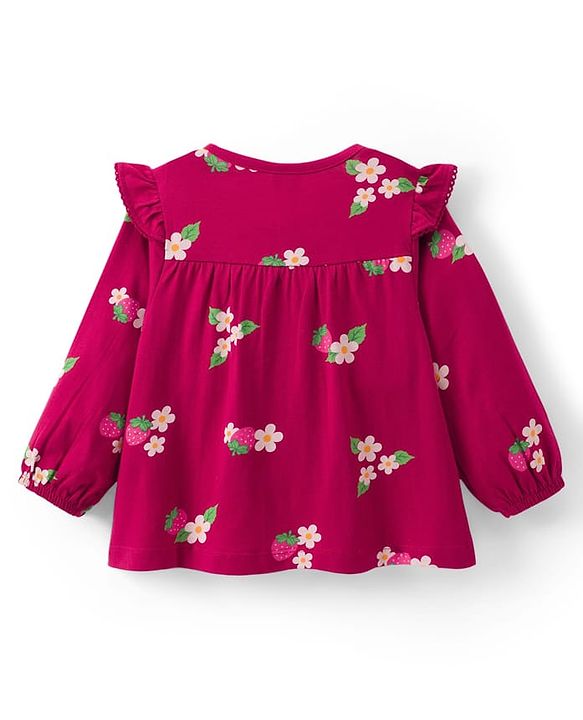 Babyhug Single Jersey Knit Full Sleeves Top and Leggings Set with Front-Buttons Floral Print & Frill Detailing - Maroon & Pink