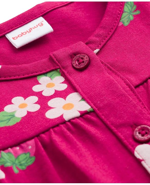 Babyhug Single Jersey Knit Full Sleeves Top and Leggings Set with Front-Buttons Floral Print & Frill Detailing - Maroon & Pink
