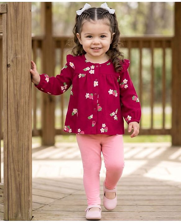 Babyhug Single Jersey Knit Full Sleeves Top and Leggings Set with Front-Buttons Floral Print & Frill Detailing - Maroon & Pink