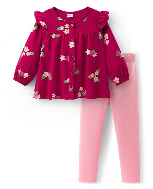 Babyhug Single Jersey Knit Full Sleeves Top and Leggings Set with Front-Buttons Floral Print & Frill Detailing - Maroon & Pink