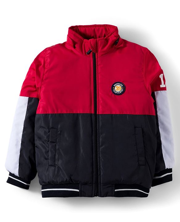 Babyhug Woven Full Sleeves Hooded Padded Jacket With Brooklyn Patch & Detachable Hood - Red & Navy Blue