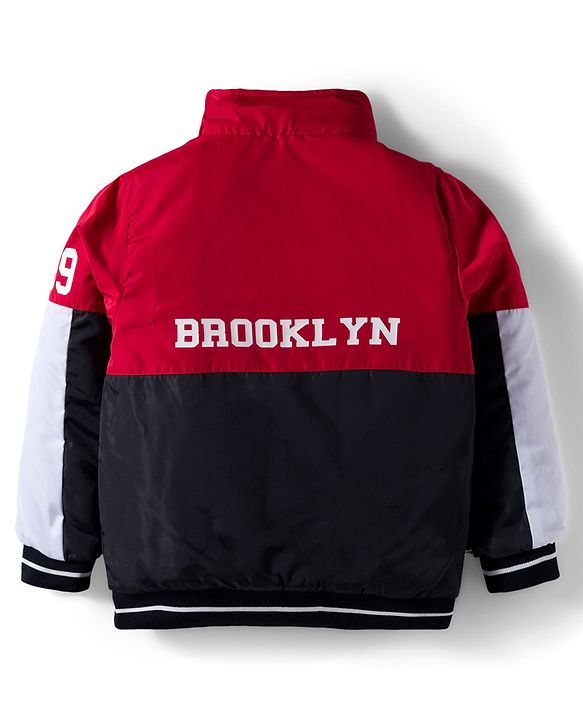Babyhug Woven Full Sleeves Hooded Padded Jacket With Brooklyn Patch & Detachable Hood - Red & Navy Blue