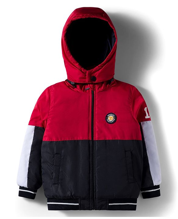 Babyhug Woven Full Sleeves Hooded Padded Jacket With Brooklyn Patch & Detachable Hood - Red & Navy Blue
