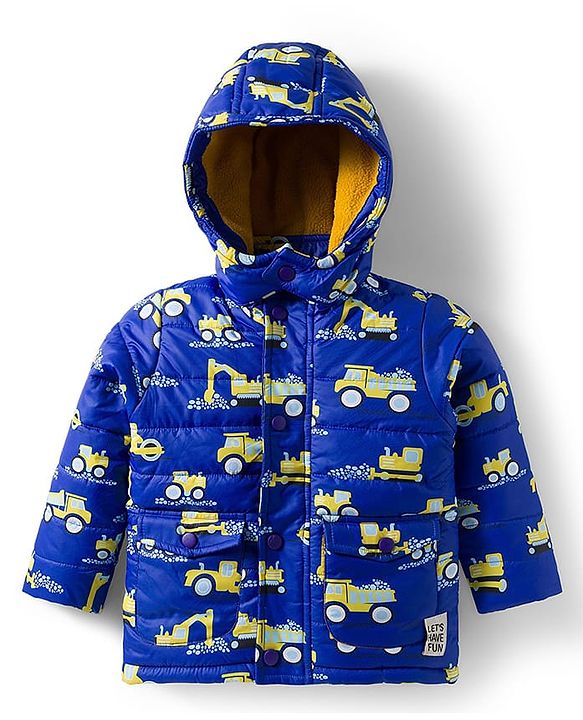 Babyhug Woven Full Sleeves Hooded Padded Jacket with Vehicle Print - Navy Blue