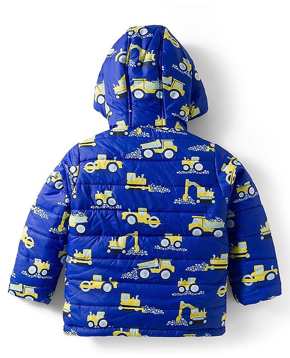 Babyhug Woven Full Sleeves Hooded Padded Jacket with Vehicle Print - Navy Blue